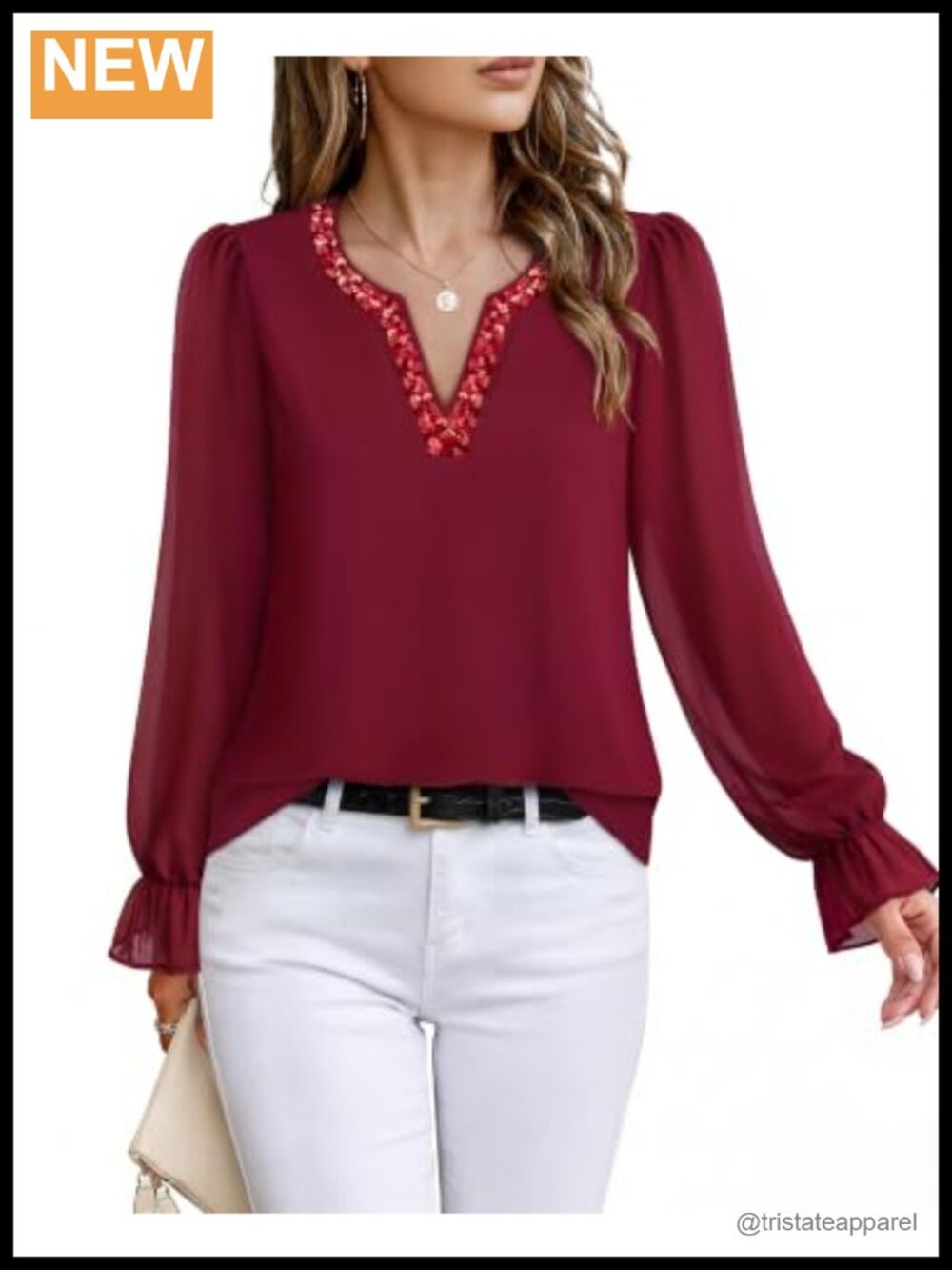 Womens Long Sleeve Sequin V Neck Blouse Chiffon Work Top